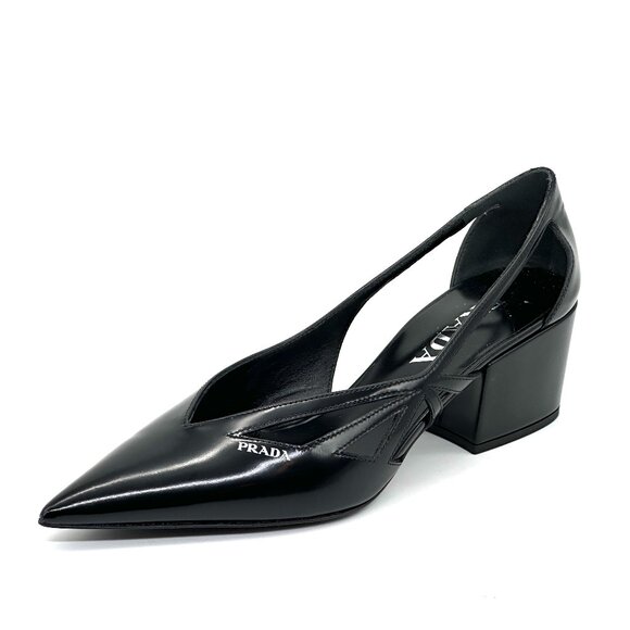 PRADA Runway Pointed Toe Cutout Cut Out Block Heel Brushed Leather Pumps - Picture 7 of 16